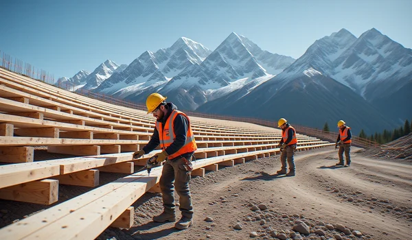 Ouvriers en vêtements de sécurité construisant une tribune en bois devant un paysage de montagne alpin enneigé