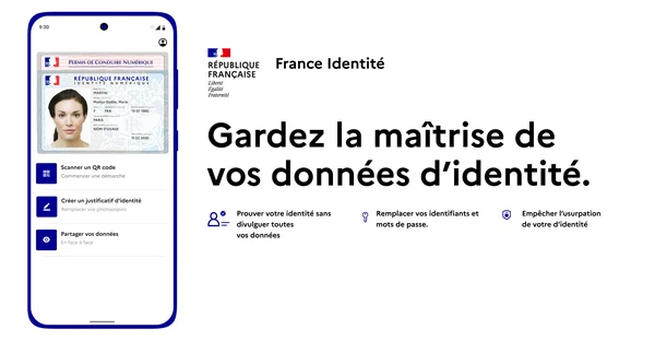 Capture d'écran de l'appli France Identité montrant un permis numérique et les options de partage.