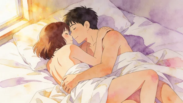 Un jeune couple allongé nu sur des draps blancs, leurs corps enlacés peau contre peau dans une étreinte intime et tendre, lumière naturelle douce du matin filtrant par une fenêtre, expressions de connexion mutuelle et de plaisir partagé, cadrage sur leurs