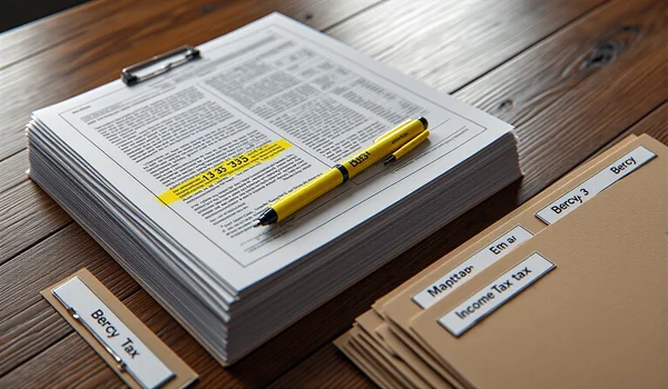 Vue en plongée d'un bureau de ministre avec une pile de documents fiscaux officiels, un surligneur jaune posé sur une page révélant le chiffon 13 335 entouré, éclairage dramatique de bureau, dossiers étiquetés « Bercy » et « Impôt sur le revenu »