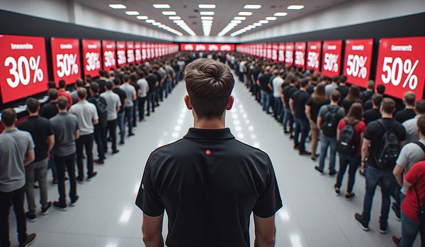 Jeune employé de magasin vu de dos faisant face à une foule de clients en files d'attente compactes, écrans géants rouge vif affichant des pourcentages de réduction en arrière-plan, atmosphère chaotique de Black Friday, éclairage intérieur artificiel saturé de rouge et noir