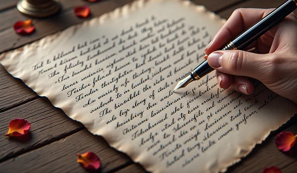 Vue en gros plan d'une main écrivant une lettre d'amour à l'encre noire sur papier ivoire, style plume métallique, encre fraîche qui brille légèrement, papier texturé de qualité avec coins légèrement cornés, éclairage chaud latéral d'une bougie créant des ombres douces, fond flou suggérant un bureau en bois avec pétales de rose séchés