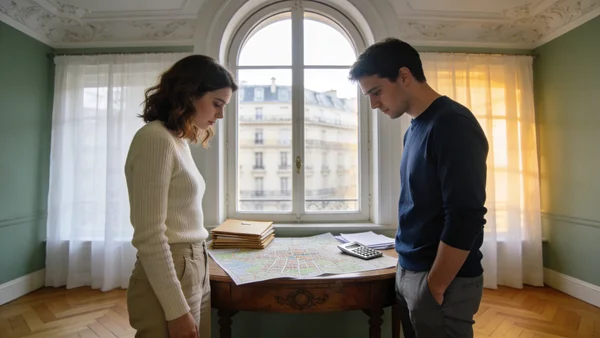 Jeune couple debout devant une fenêtre en arc-boutant typique d'un appartement parisien, regardant un plan de ville posé sur une table avec des dossiers bancaires et une calculatrice, lumière matinale douce traversant les rideaux légers, intérieur haussmannien avec moulures et parquet point de Hongrie