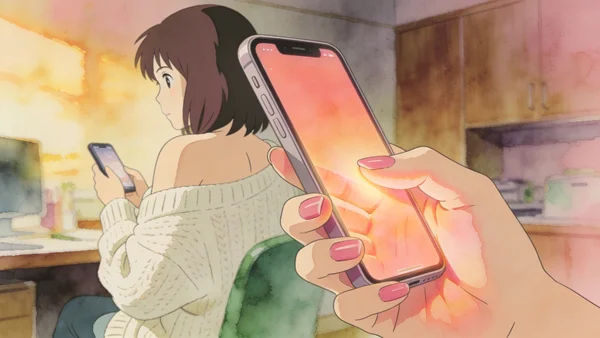 Gros plan sur une main féminine tenant un smartphone, écran allumé avec une application de messagerie ouverte, derrière en arrière-plan flou un homme dans un bureau sourit en regardant son propre téléphone, connexion virtuelle sensuelle à distance