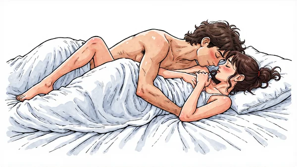 Vue de profil d'un couple pratiquant la sodomie en position latérale, la femme sur le côté gauche avec le genou relevé vers la poitrine, l'homme derrière elle en spooning, torsos nus, draps blancs en fond, angle de vue mettant en valeur l'alignement anatomique des corps