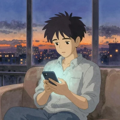 Un homme seul dans un appartement moderne, assis sur son canapé au crépuscule, tenant son téléphone près de son cœur avec tendresse. La lumière bleutée de l'écran illumine son visage perdu dans une expression d'amour et de mélancolie. Ambiance intime et solitaire, fenêtres vitrées sur une ville nocturne en arrière-plan.