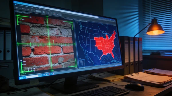 Reconstitution visuelle d'une analyse forensique : un écran d'ordinateur divisé en deux, à gauche une photo de mur de briques rouges avec des lignes de mesure superposées, à droite une carte des États-Unis avec une zone géographique mise en surbrillance en rouge, le tout dans une ambiance de bureau d'enquêteur