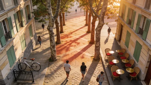 Vue en plongée sur une rue piétonne animée d'un quartier français, cafés en terrasse, façades en pierre de taille aux volets colorés, arbres en alignement, vélos garés, ambiance conviviale de centre-ville, fin d'après-midi ensoleillé