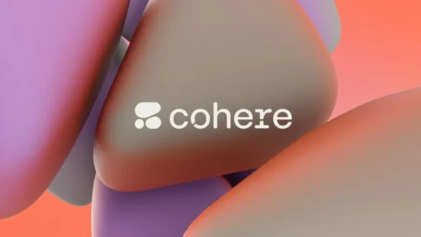 Le logo Cohere sur une forme centrale arrondie entourée de formes violettes et oranges.