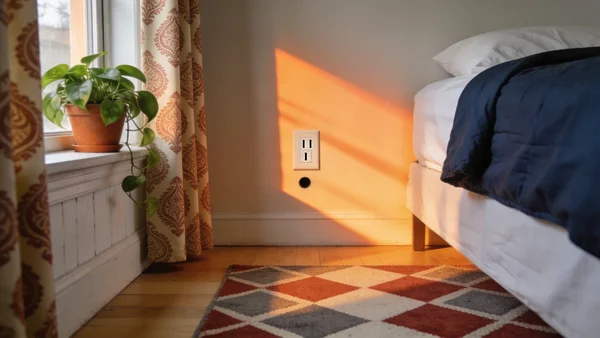 Vue en coupe d'une chambre ordinaire américaine avec des annotations visuelles soulignant les indices révélateurs : une prise de courant murale américaine, un rideau à motifs spécifiques, une plante en pot sur le rebord de fenêtre, un tapis aux motifs géométriques, éclairage naturel de fin d'après-midi