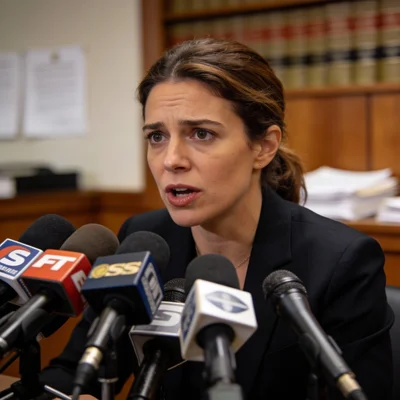 Virginia Giuffre speaking at a press conference with multiple microphones.