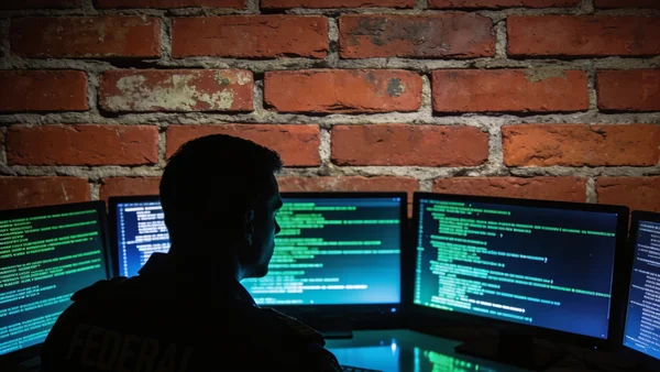 Gros plan sur un mur de briques rouges typiquement américaines en arrière-plan, avec au premier plan une silhouette floue d'agent fédéral américain travaillant sur un écran d'ordinateur dans une pièce sombre éclairée par la lueur bleutée de plusieurs moniteurs affichant des lignes de code