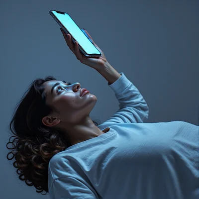 Vue en contre-plongée d'une jeune femme allongée sur le dos dans le noir, absorbée par la lumière bleutée de son téléphone tenu à bout de bras