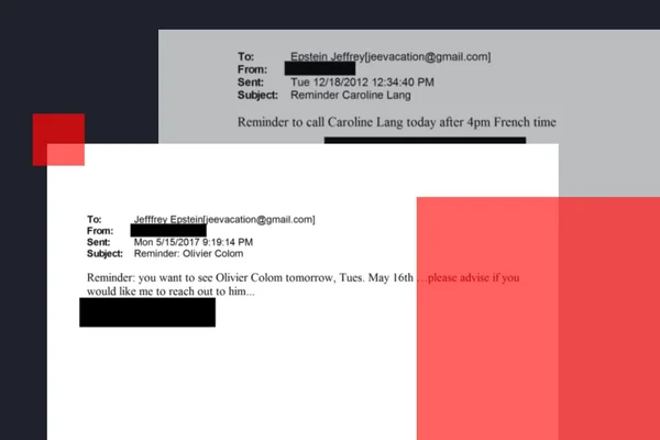 Représentation des connexions françaises d'Epstein via des emails partiellement censurés.