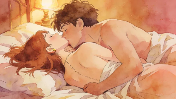 Couple enlacé sur un lit, l'homme déposant des baisers légers sur la nuque et l'oreille de sa partenaire, elle a les yeux fermés et la tête renversée en arrière, cheveux épars sur l'oreiller, lumière tamisée d'ambiance, peau nue visible sur les épaules et le haut du dos