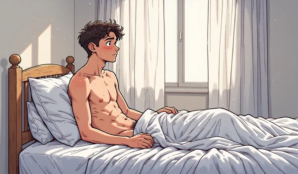 Homme au réveil au lit, draps sur le bas du corps, expression introspective et légèrement préoccupée, lumière douce de matin à travers les rideaux