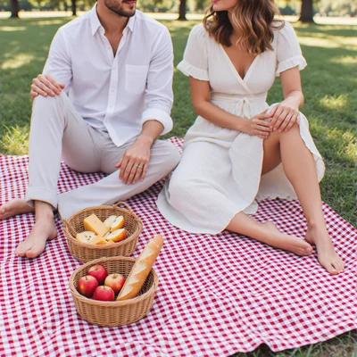 Couple assis côte à côte sur une nappe à carreaux étalée dans l'herbe, panier d'osier ouvert avec fromage, fruits et baguette, lumière dorée de fin d'après-midi filtrant à travers les arbres d'un parc urbain