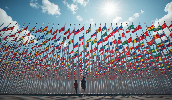 Silhouette d'un enfant seul face à un grand mur composé de centaines de drapeaux de différents pays flottant au vent, créant une barrière visuelle imposante, ciel bleu nuageux