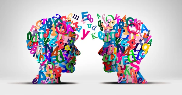 Deux silhouettes de têtes humaines formées de lettres et chiffres colorés.