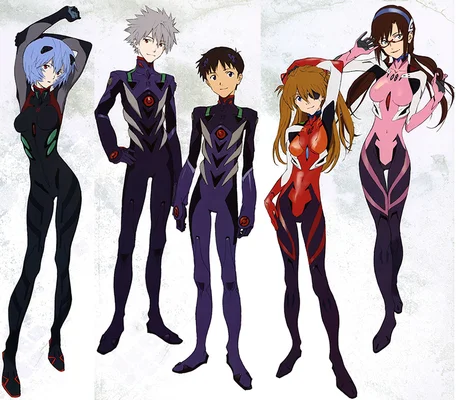 Les cinq personnages principaux d'Evangelion en plugsuits
