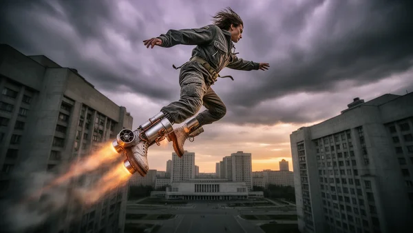 Vue en contre-plongée d'une personne portant des bottes futuristes avec des minis-moteurs, propulsée en plein saut au-dessus des toits d'une ville soviétique à l'architecture brutaliste, ciel nuageux, effet de vitesse, aube des années 1980