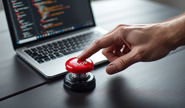 Main d'utilisateur appuyant sur un gros bouton d'arrêt d'urgence rouge physique connecté à un ordinateur portable, symbolisant la désactivation d'un système IA