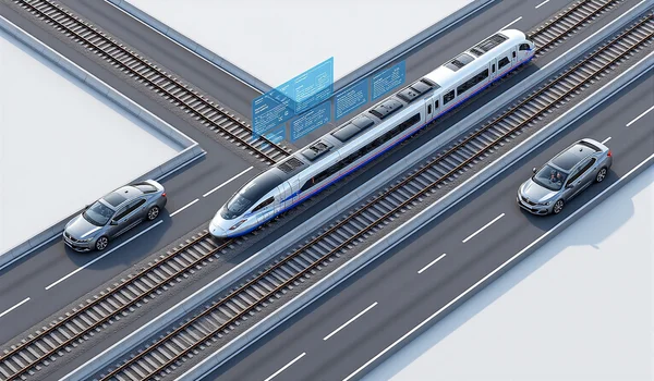 Vue de dessus d'une route française divisée en trois voies simultanées : à gauche une Peugeot grise sur autoroute, au centre un TGV bleu sur ses rails, à droite une citroën avec trois passagers faisant du covoiturage. Un calculateur virtuel flottant affiche des chiffres au-dessus de chaque option : 0,33€ pour la voiture seule, le prix du train, et le coût partagé du covoiturage. Perspective isométrique, style informatique, éclairage naturel de jour