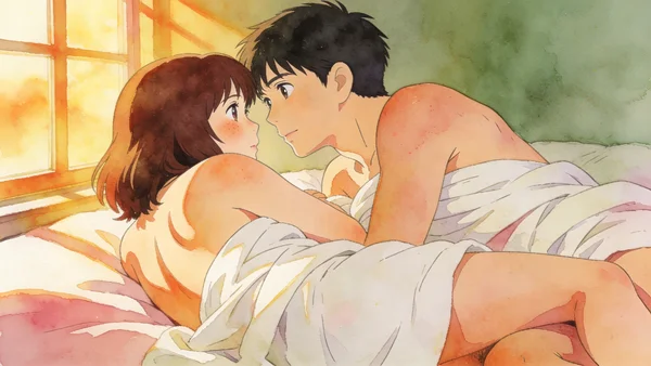 Couple face à face dans un lit, positions suggestives de masturbation mutuelle, corps partiellement nus drapés de draps blancs, regards intensément connectés, lumière naturelle douce provenant d'une fenêtre latérale, atmosphère de confiance et d'abandon mutuel