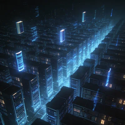 Infinite digital library with glowing servers representing Anna's Archive.