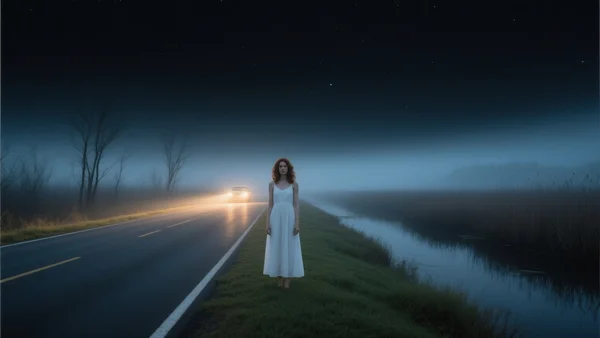 Route de nuit longeant des marécages, phares d'une voiture éclairant une silhouette féminine vêtue de blanc sur le bas-côté, brouillard léger, atmosphère mystérieuse et inquiétante