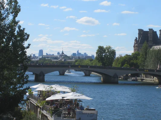 La Défense vue depuis la Seine, avec ses gratte-ciel modernes se dressant au loin.