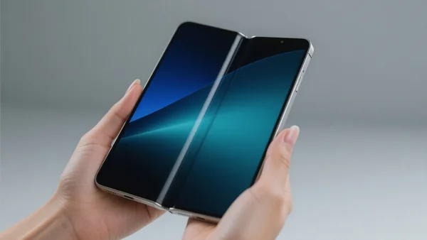 Un smartphone pliable ouvert montrant un grand écran sans pli visible, tenu par une main sur fond neutre moderne