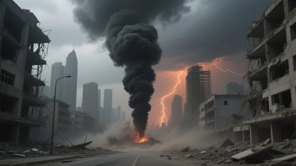 Une colonne de fumée noire s'élève vers un ciel sombre au-dessus d'une ville en ruine, avec des bâtiments détruits et des éclairs orange lointains, atmosphère de désolation
