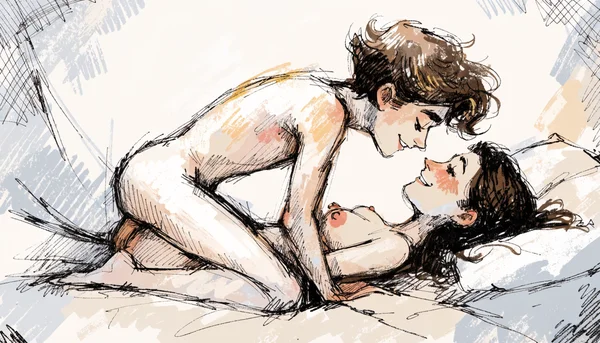 Pénétration vaginale en position du missionnaire, les corps des partenaires sont nus et enlacés, visages proches et expression de bienveillance