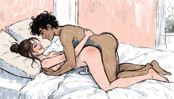 Pénétration vaginale en position missionnaire, homme et femme nus sur un lit, un vibromasseur en forme de U posé entre les deux corps pour stimuler le clitoris et le pénis en même temps
