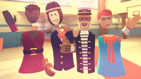 Des personnages de Rec Room profitant d'une piscine tropicale dans un environnement virtuel coloré.