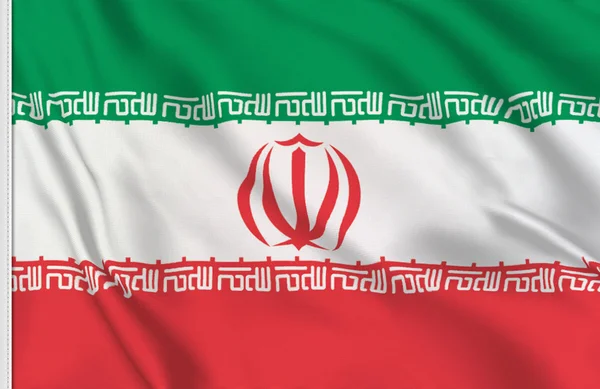 Le drapeau de l'Iran, composé de trois bandes horizontales verte, blanche et rouge avec un emblème central.