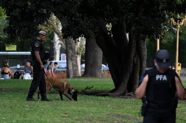Trois agents de la Policia de la Ciudad postés près de leur véhicule de police.