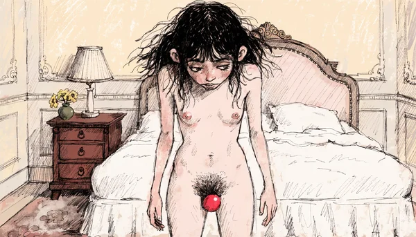 Vue de face d'une personne nue observant une petite boule rouge sur sa peau pubienne