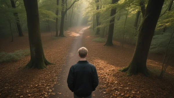 Vue en plongée d'une forêt dense avec des arbres feuillus au sol couvert de feuilles, une silhouette de personne en veste sombre s'éloigne sur un petit sentier de terre entre les troncs, lumière naturelle filtrant par la canopée