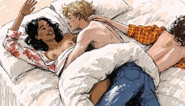 Scène de sexe de groupe avec plusieurs corps entrelacés nus sur un grand lit, ambiance chaotique et érotique