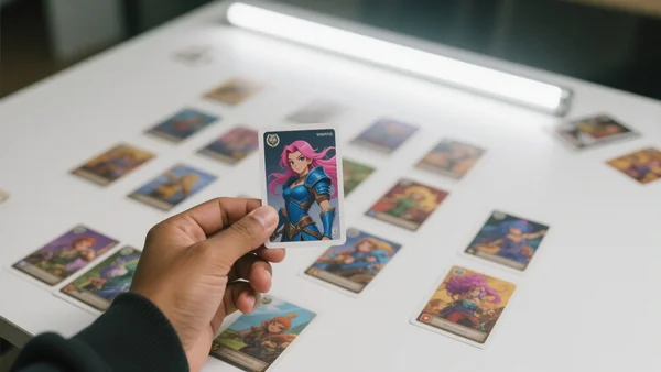 Cartes de jeu de collection étalées sur une table avec des personnages animés colorés, main de joueur tenant une carte, lumière vive de salle de jeux