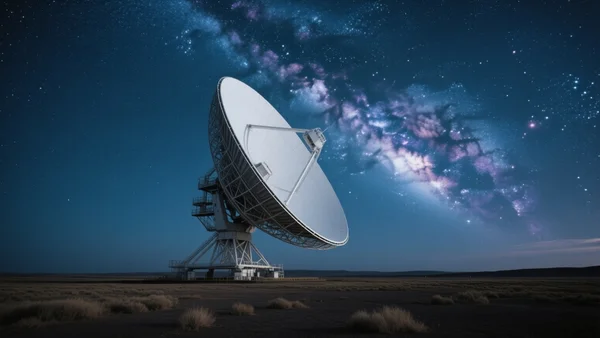 Vaste radiotélescope en forme de parabole métallique dans une plaine sombre sous un ciel étoilé immensément profond