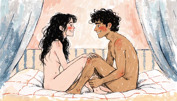 Deux partenaires nus assis face à face sur un lit, en conversation détendue, l'un pose sa main sur la cuisse de l'autre, attitude bienveillante