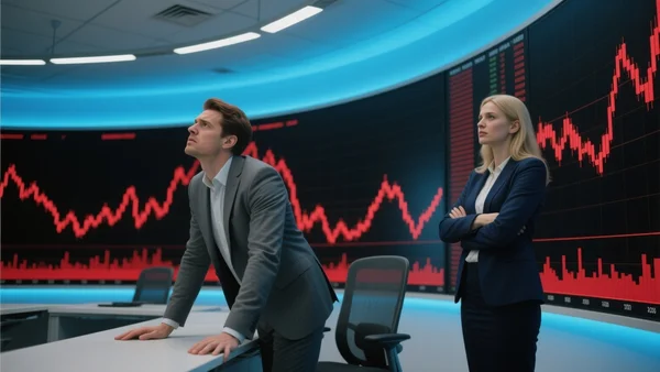 Vue intérieure d'une salle de marché moderne, écrans géants affichant des courbes boursières en baisse rouges, traders en costume regardant avec inquiétude, lumières artificielles bleutées