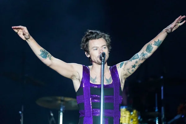 Harry Styles sur scène portant un gilet violet pailleté