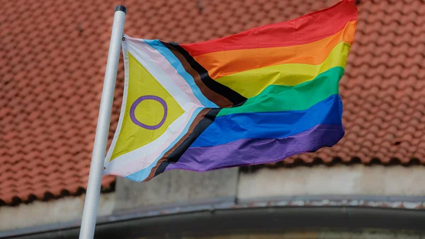 Drapeau des fiertés inclusif flottant au-dessus d'un toit en tuiles rouges.