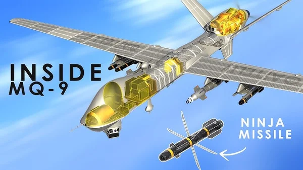 Illustration technique d'un drone MQ-9 Reaper avec des sections coupées et une graphique de missile 'Ninja Missile'.