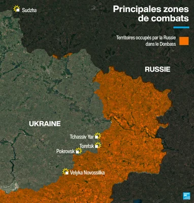 Carte géopolitique colorée de la région avec symboles militaires et avertissements.