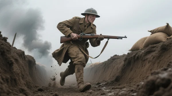 Vue en contre-plongée d'un soldat de la Première Guerre mondiale courant vers une tranchée remplie de fumée et de boue, dans une lumière grise et terne